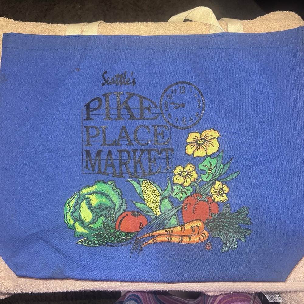 Seattle Pike Place Market Blue Canvas Shopping Tote Bag Y2K Great Condition